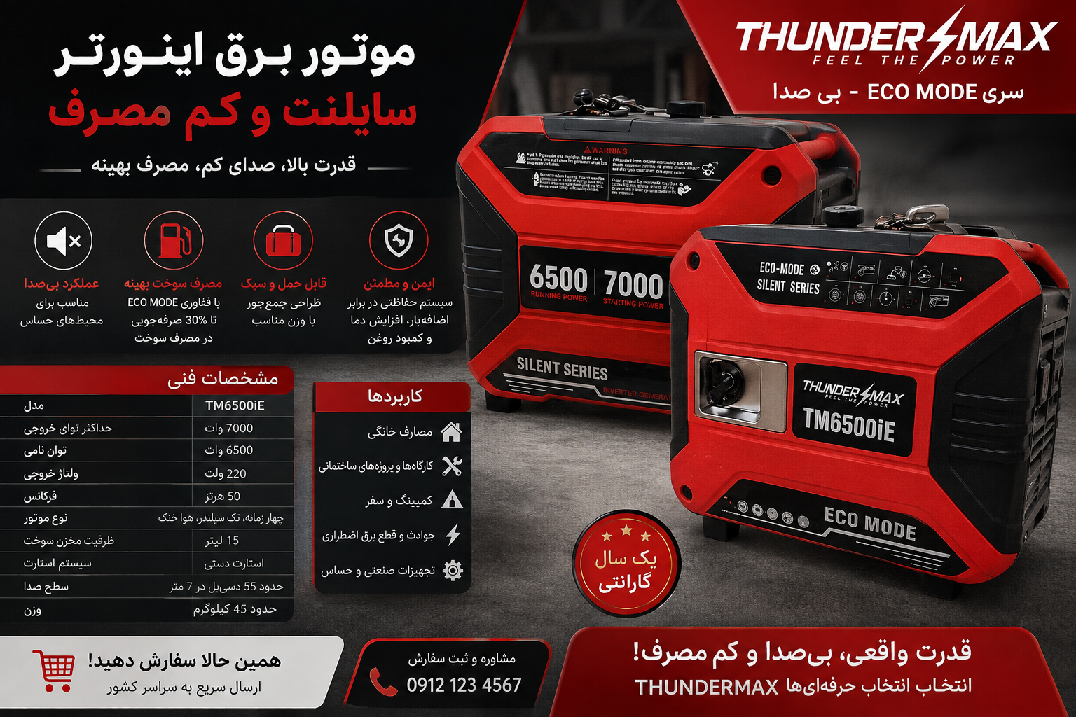 ژنراتور اینورتر THUNDERMAX مدل TM6500iE